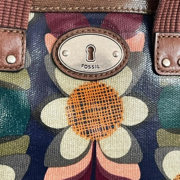 Fossil White Blue Orange Flower Purple Tote Bag Leather Trim 💜 - Picture 5 of 10